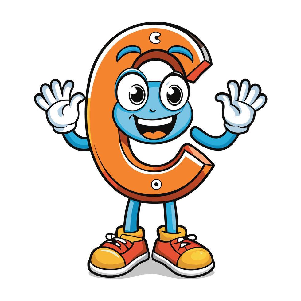 a cartoon letter c character waving and smiling vector