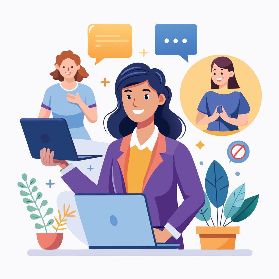 woman working on laptop with speech bubbles around her vector