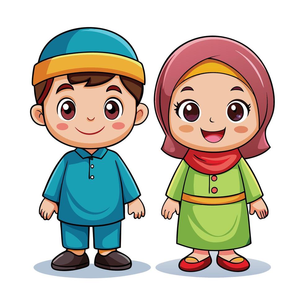 muslim boy and girl in traditional clothes white background white background vector