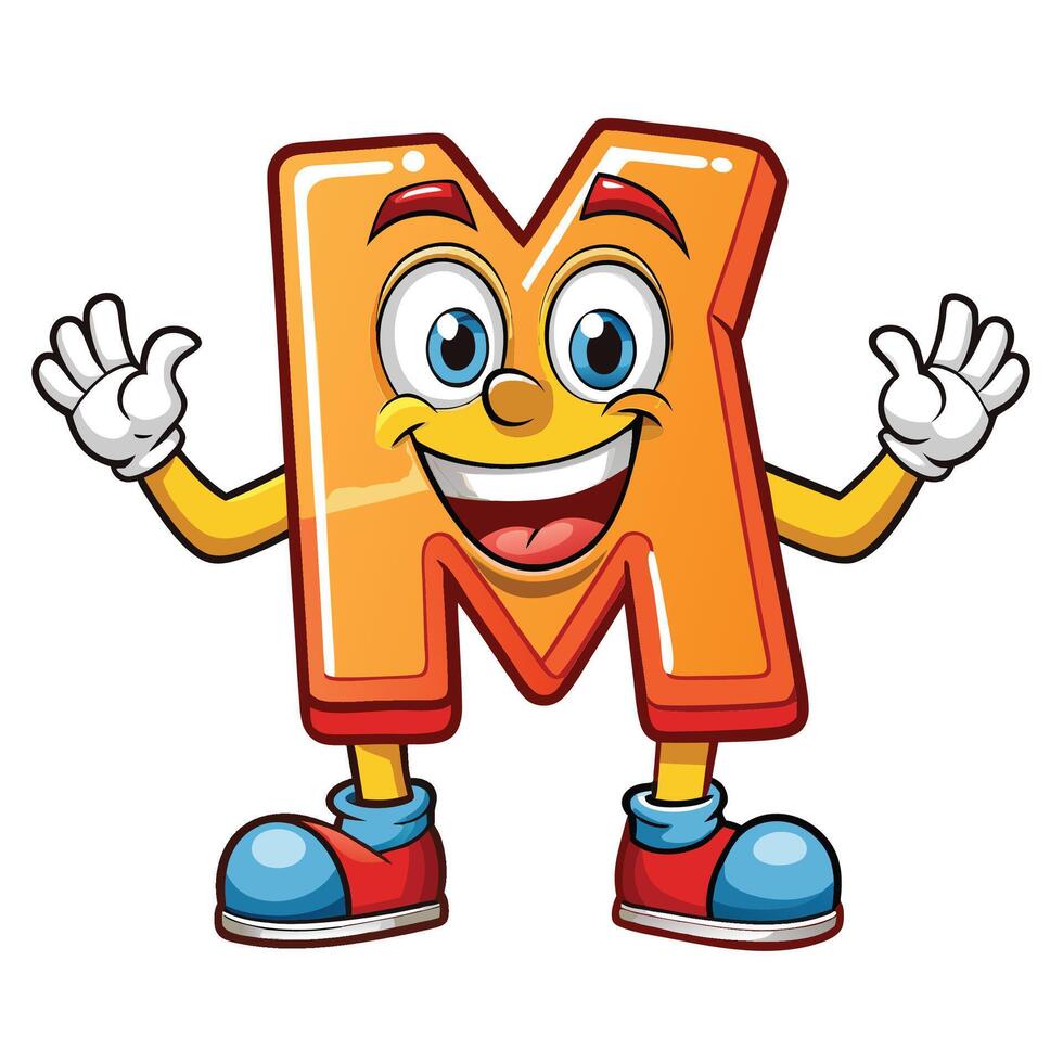 cartoon letter m character waving and smiling vector