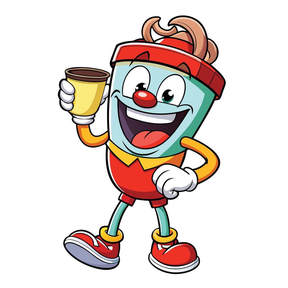 cartoon character holding a cup of coffee white background vector