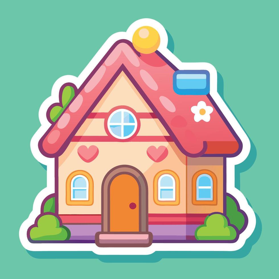 a cartoon house with a pink roof and a heart on the front vector