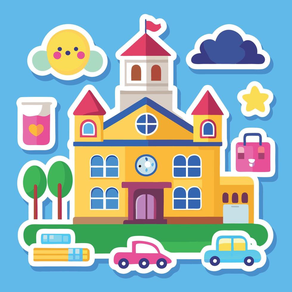 school building with school bus, school bus, school bus, school bus, school bus, school vector