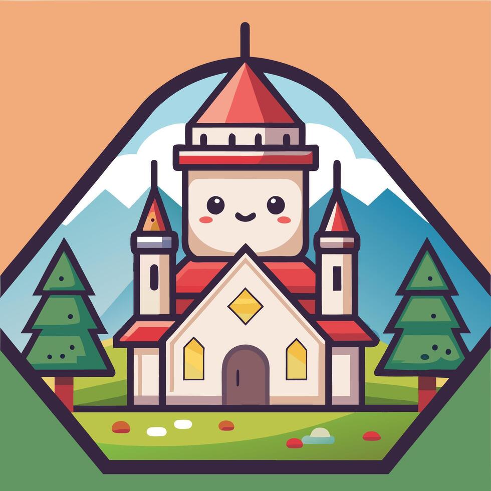 a cartoon church with a castle in the background vector