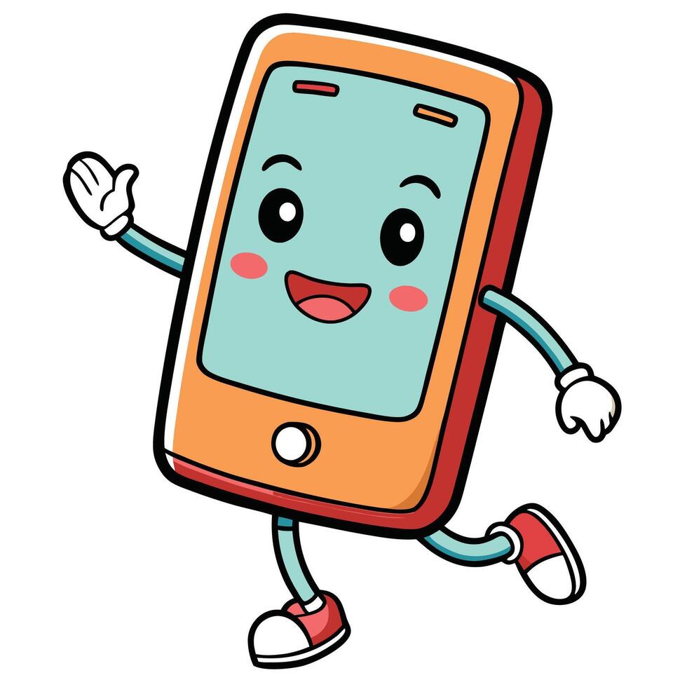 a cartoon phone running and waving on a white background vector