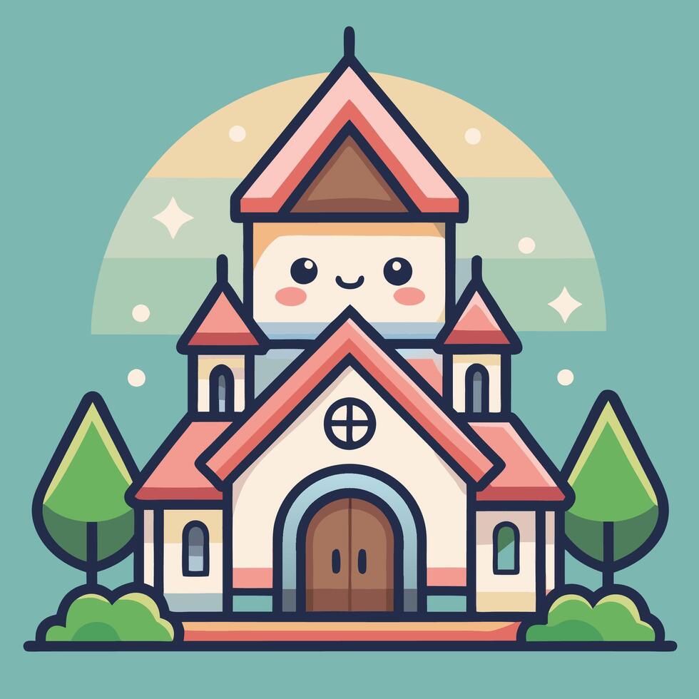 a cartoon church with a smiling face white background vector
