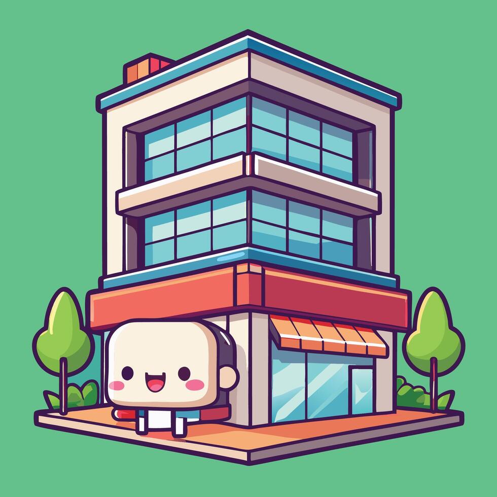a cartoon character standing in front of a building white background vector