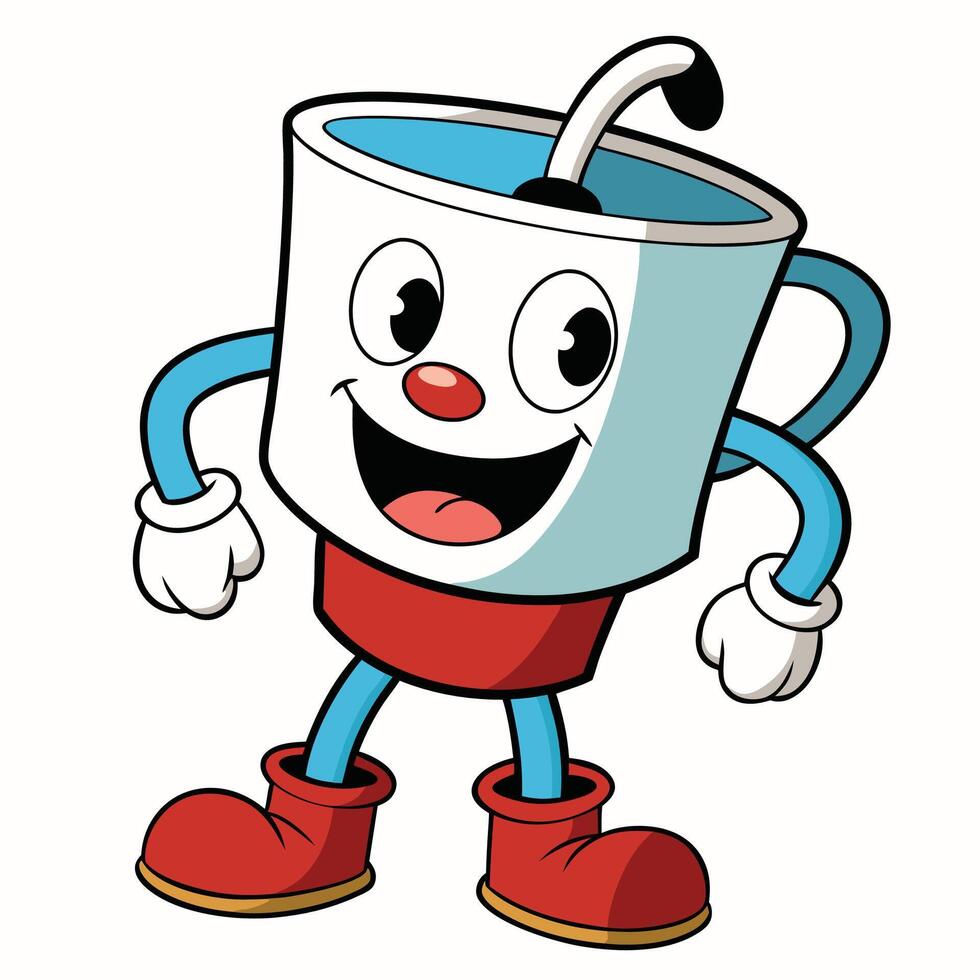 a cartoon cup with a red nose and red shoes vector