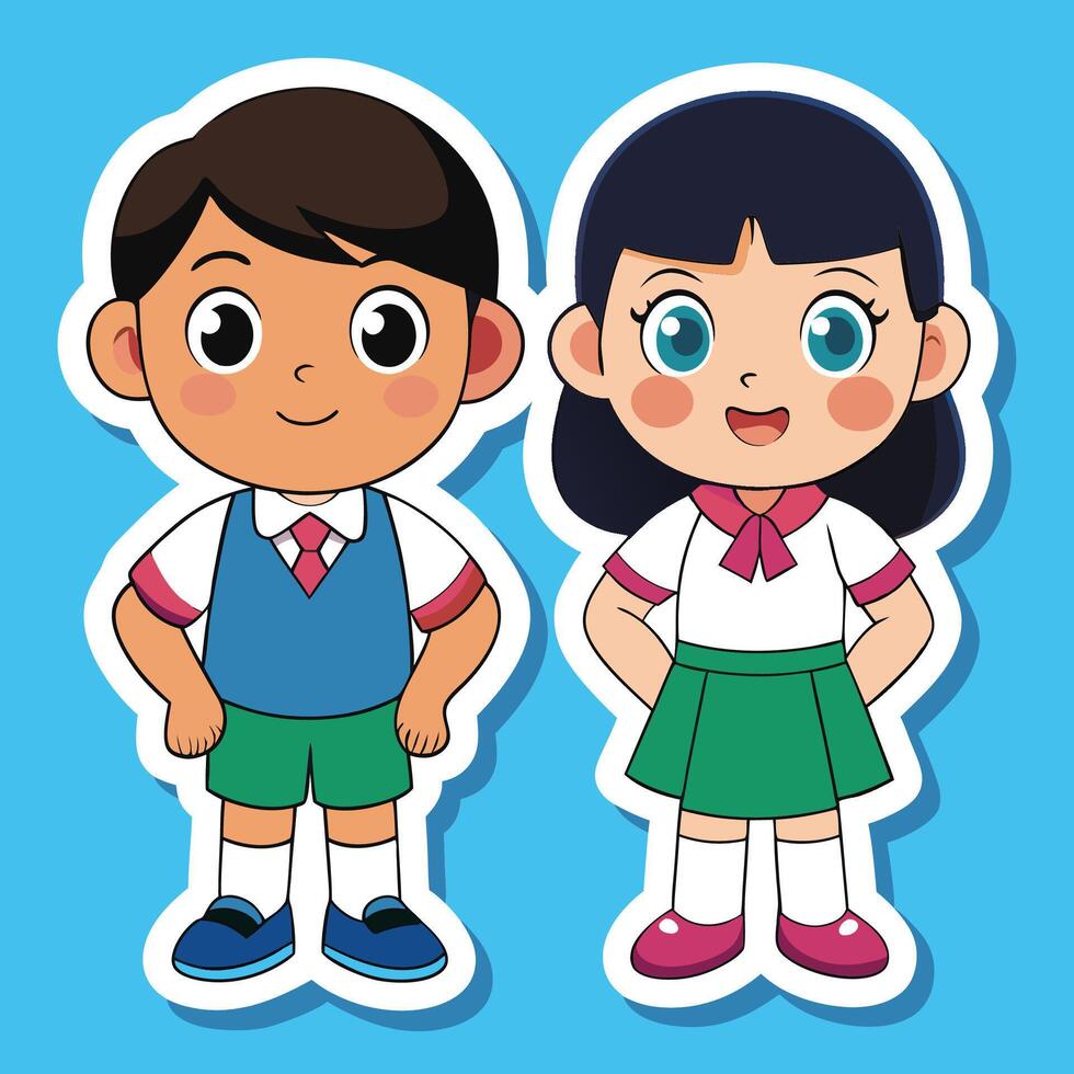 sticker of a boy and girl in school uniform vector