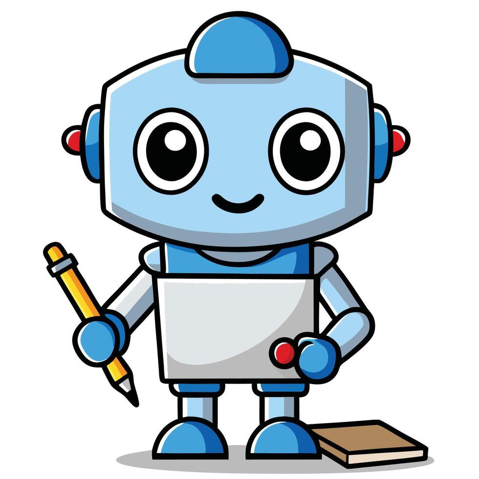 a cartoon robot holding a pencil and a book vector
