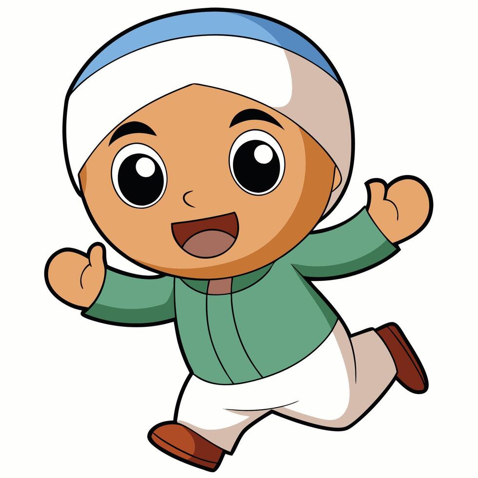 cartoon muslim boy running, smiling and waving vector