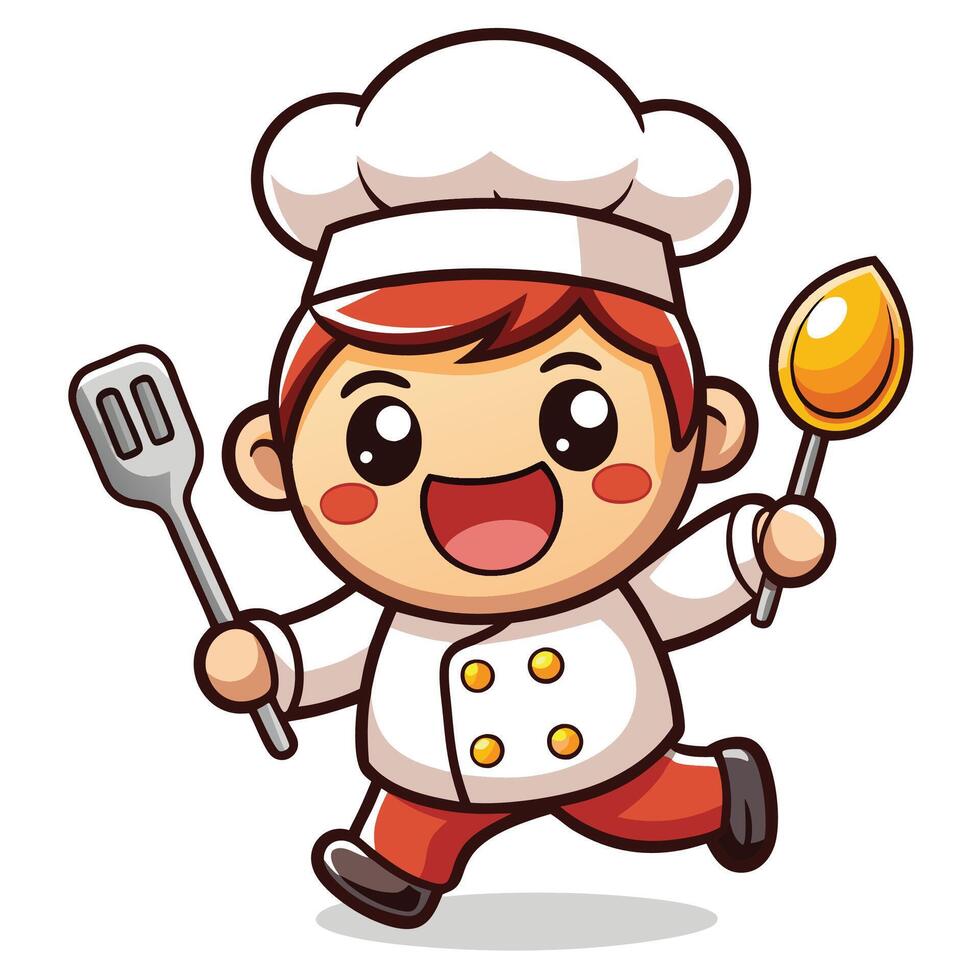 cartoon chef holding a spatula and spoon vector