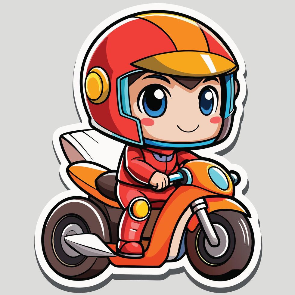sticker of a boy riding a motorcycle white background vector