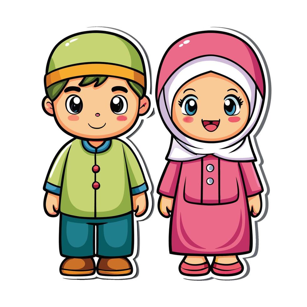 muslim boy and girl, standing together on a white vector
