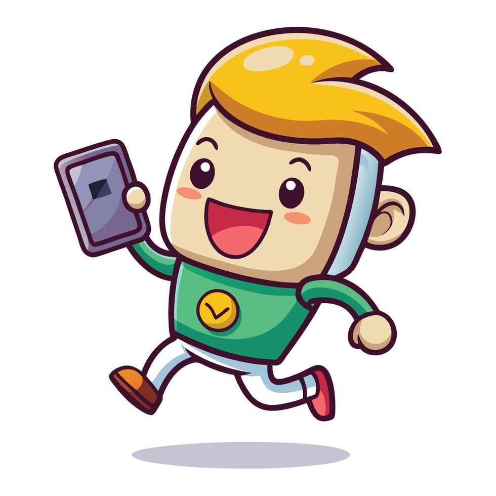 cartoon boy running with phone in hand vector