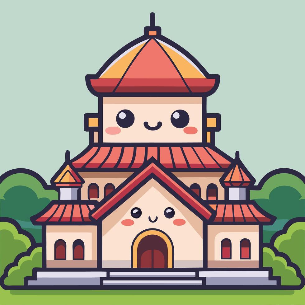 a cartoon building with a red roof and a smiling face vector