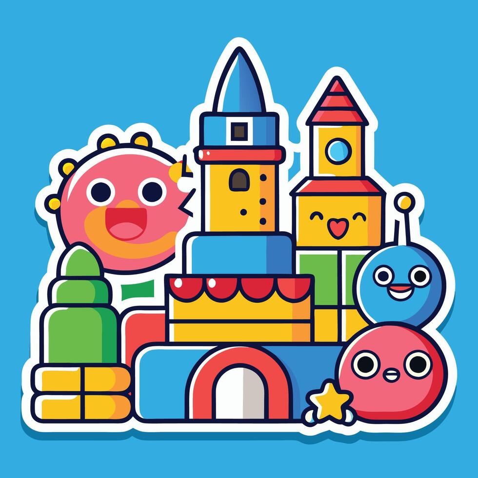 a sticker with a castle and a bunch of toys vector