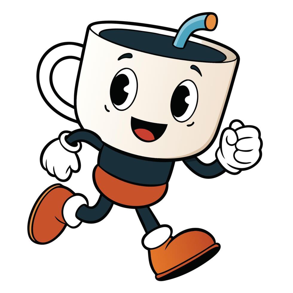 a cartoon coffee cup running with a straw vector