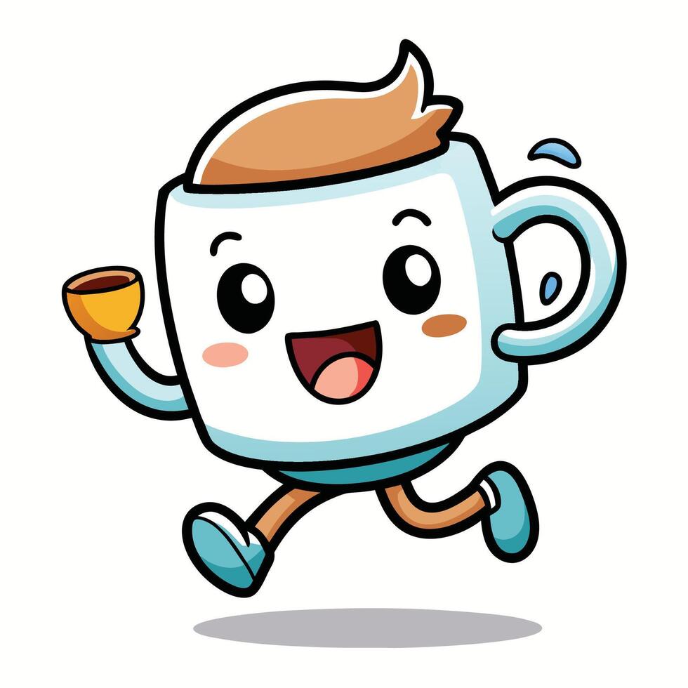 a cartoon coffee cup running with a cup of coffee on a white background vector
