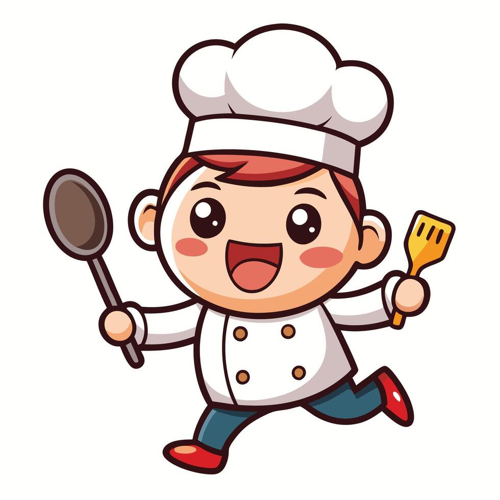 cartoon chef running with a spatula and spatula on a white background vector