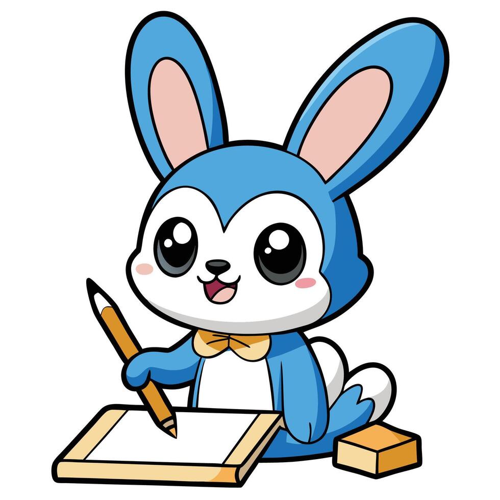 blue bunny with a pencil and a piece of paper vector
