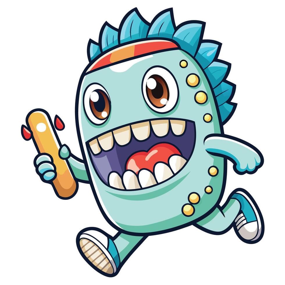 cartoon monster running with a hot dog in his mouth vector