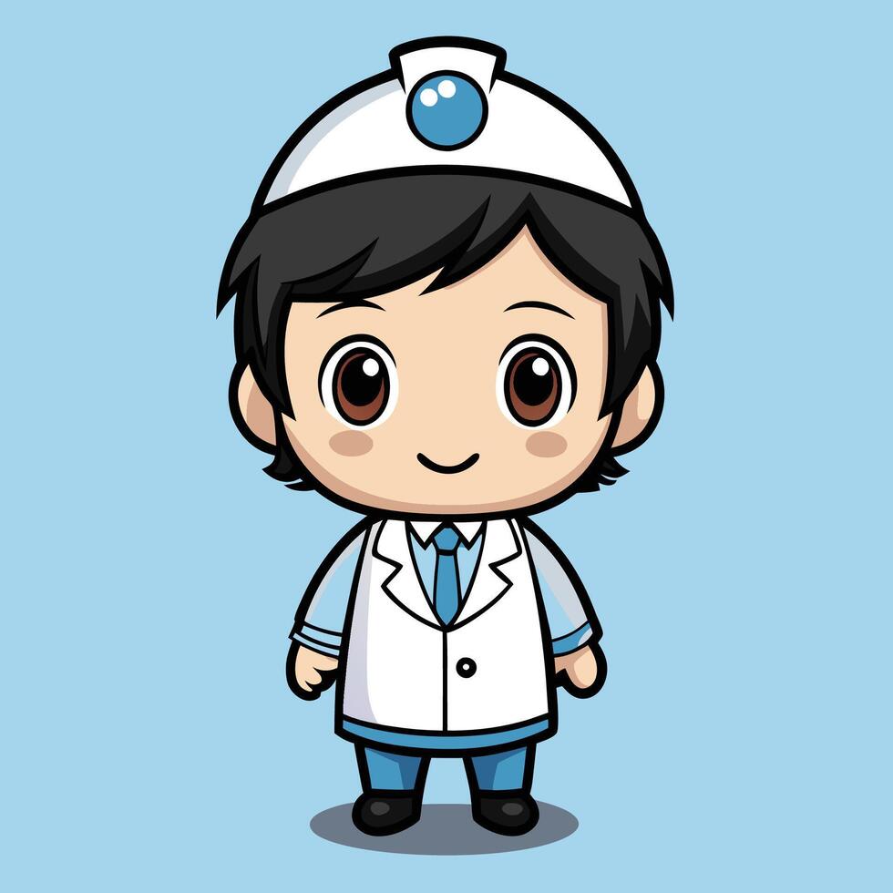 a cartoon doctor in a white coat and blue hat white background vector