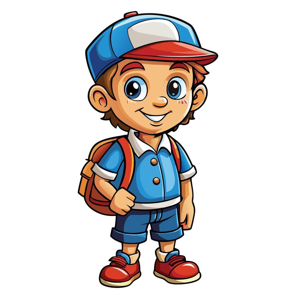cartoon boy with backpack and cap white background vector