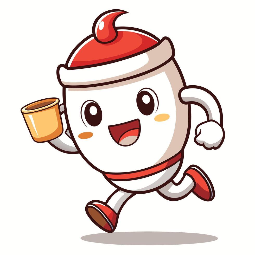a cartoon egg running with a cup of coffee vector