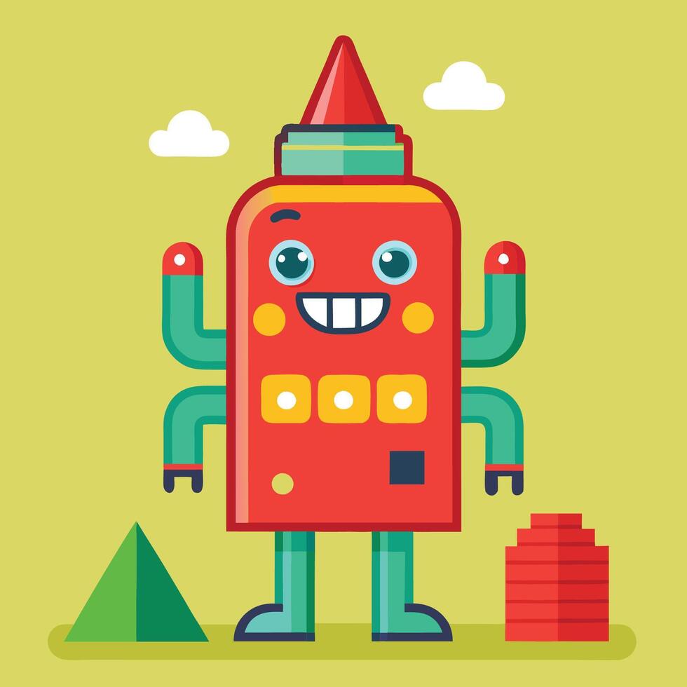 a cartoon robot with a red hat and a pile of blocks vector