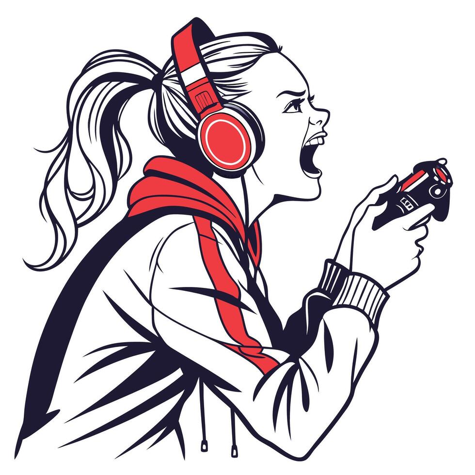 a girl with headphones and a controller is playing games vector
