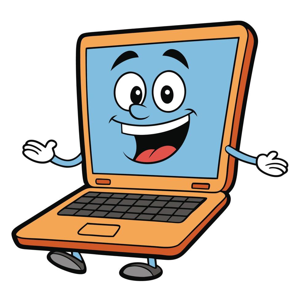 cartoon laptop character with happy face illustration vector