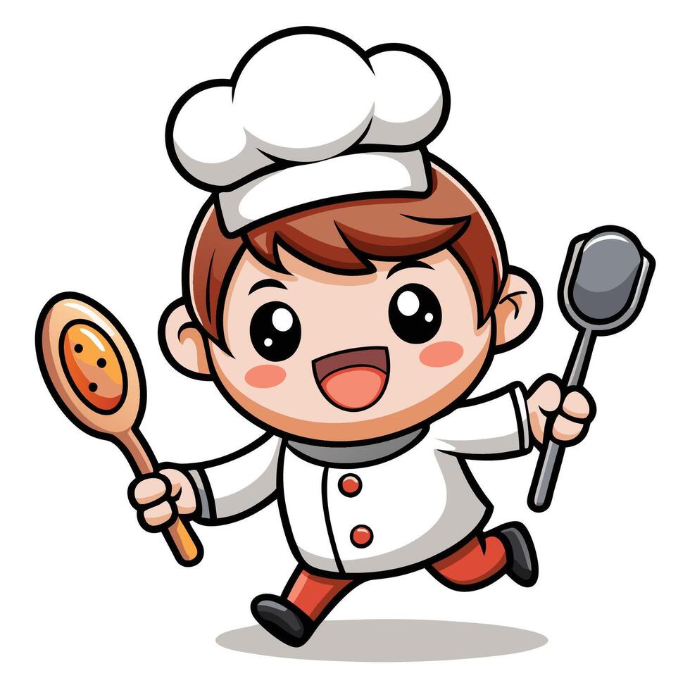cartoon chef running with a spatula and spoon white background vector