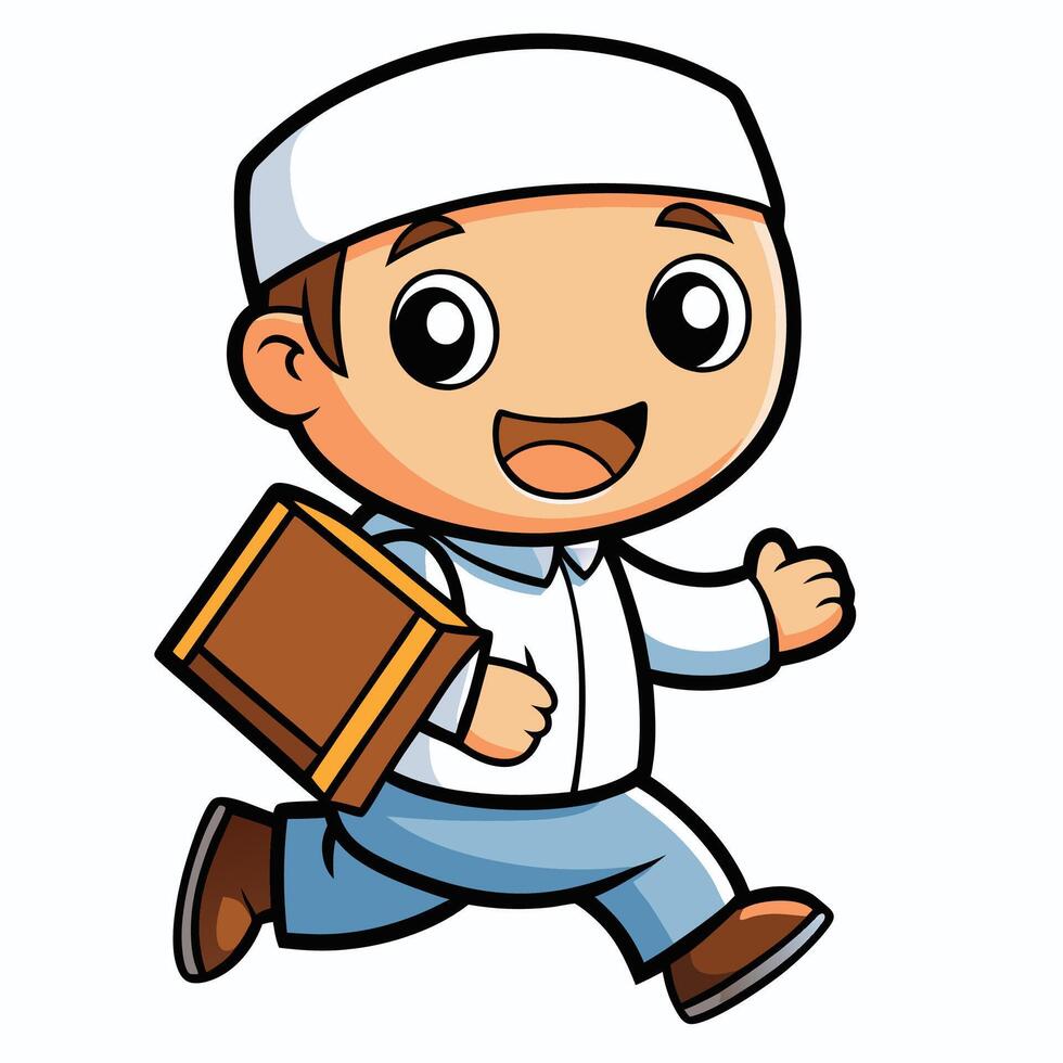 cartoon muslim boy running with a book white background vector