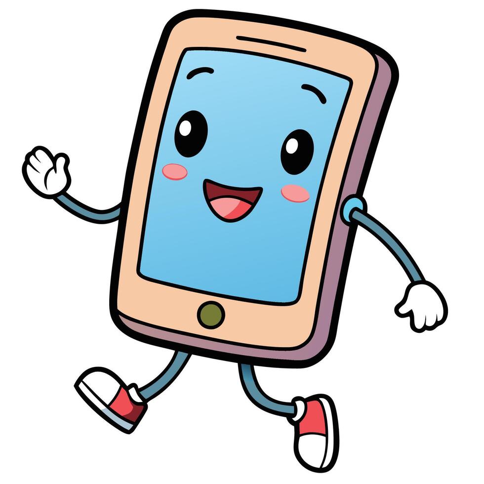 a cartoon phone running with its arms outstretched white background vector