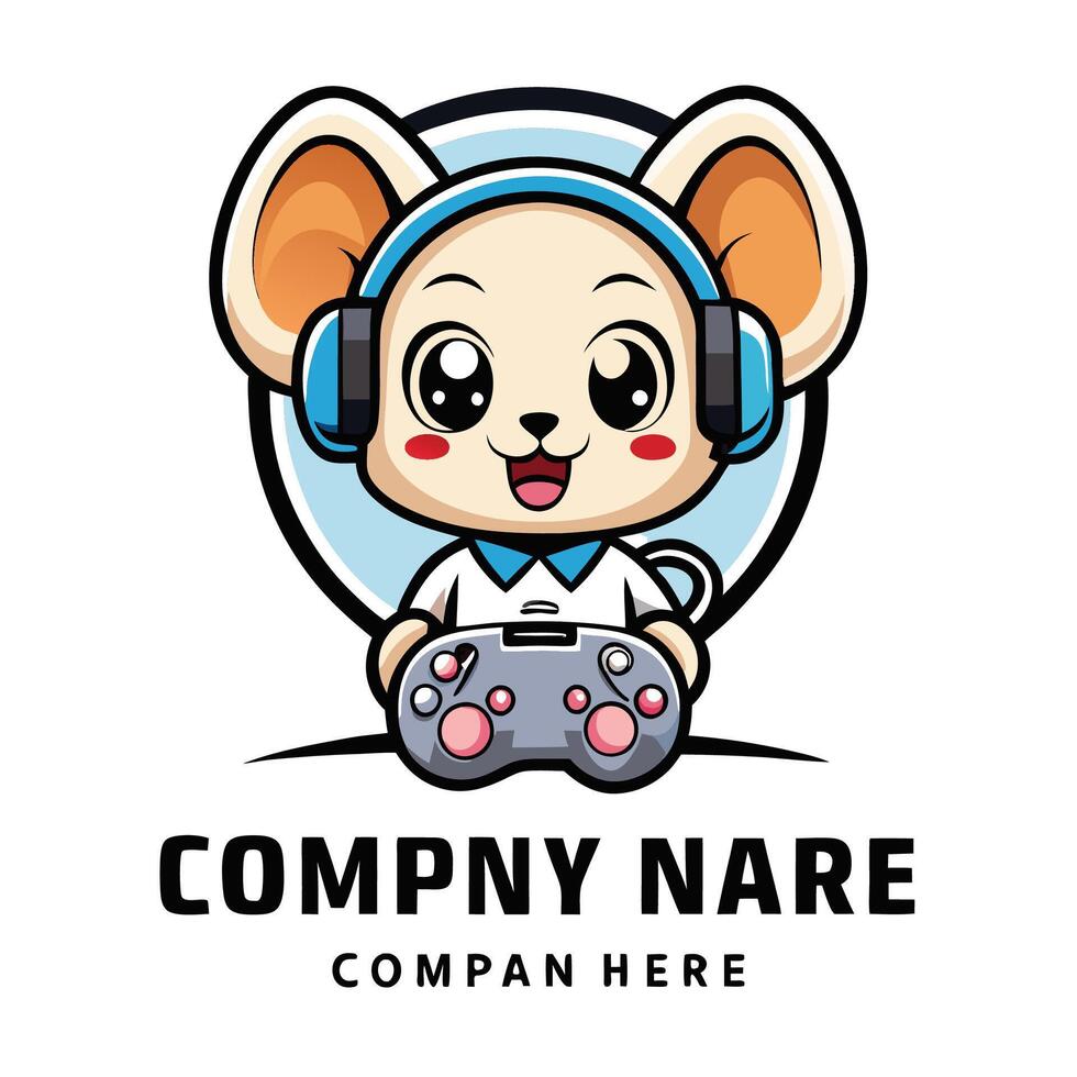 a cartoon mouse with headphones and a white background controller logo vector