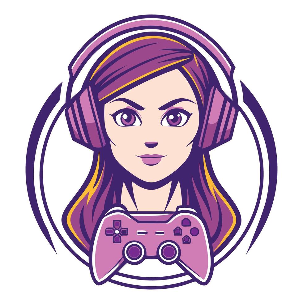 a girl with headphones and a controller a white background vector