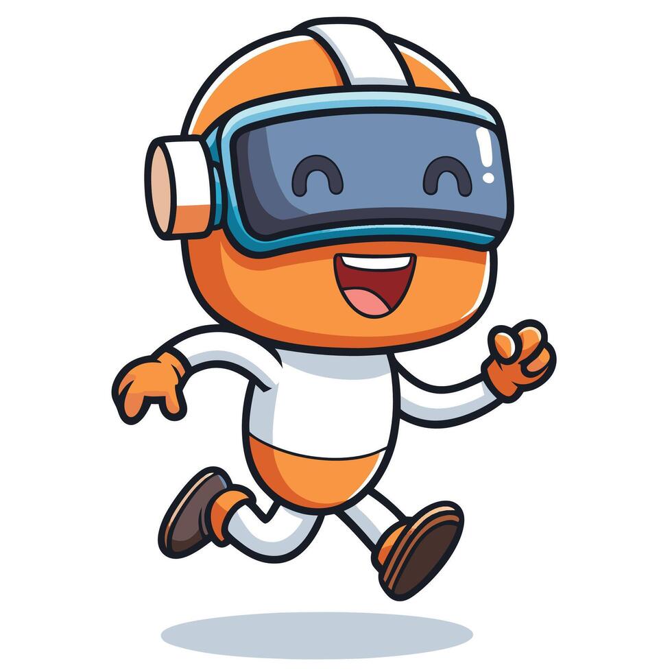 a cartoon orange robot running with a virtual reality headset on vector