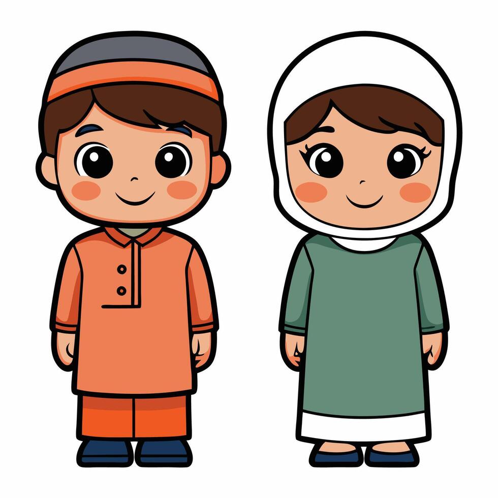 muslim boy and girl in traditiona lwhite background vector