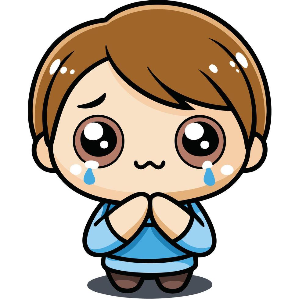 a cartoon boy crying with his hands folded white background vector