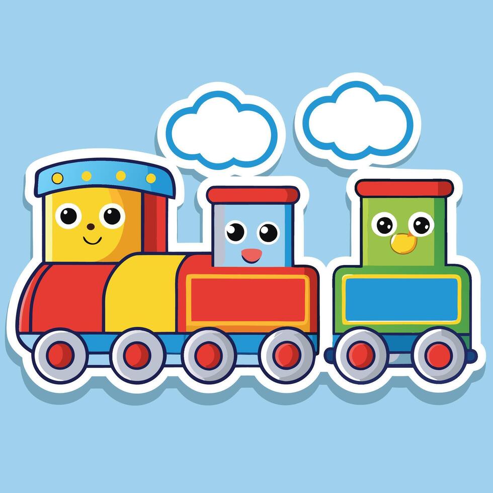 cartoon train sticker with happy faces vector