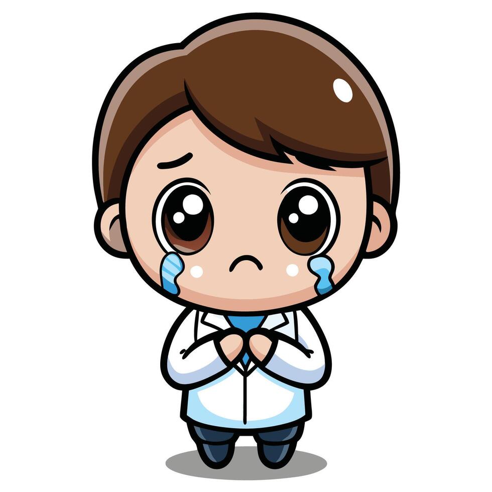 a cartoon doctor crying with his hands folded white background vector