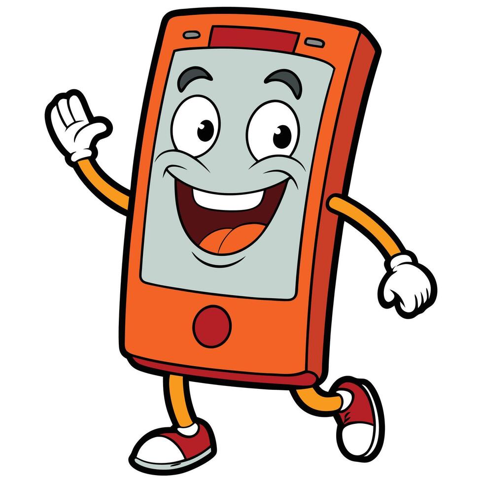 a cartoon orange cell phone character waving and smiling vector