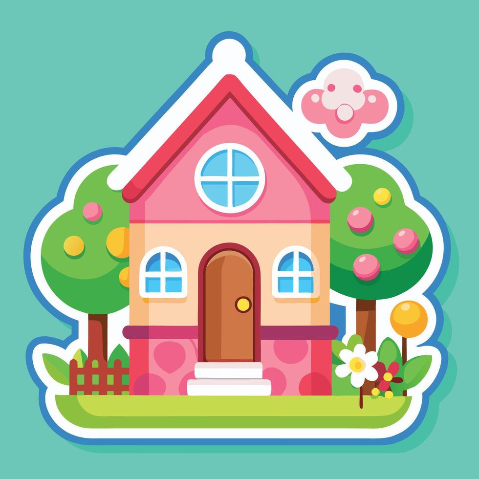 a cute house with a pink roof and trees vector