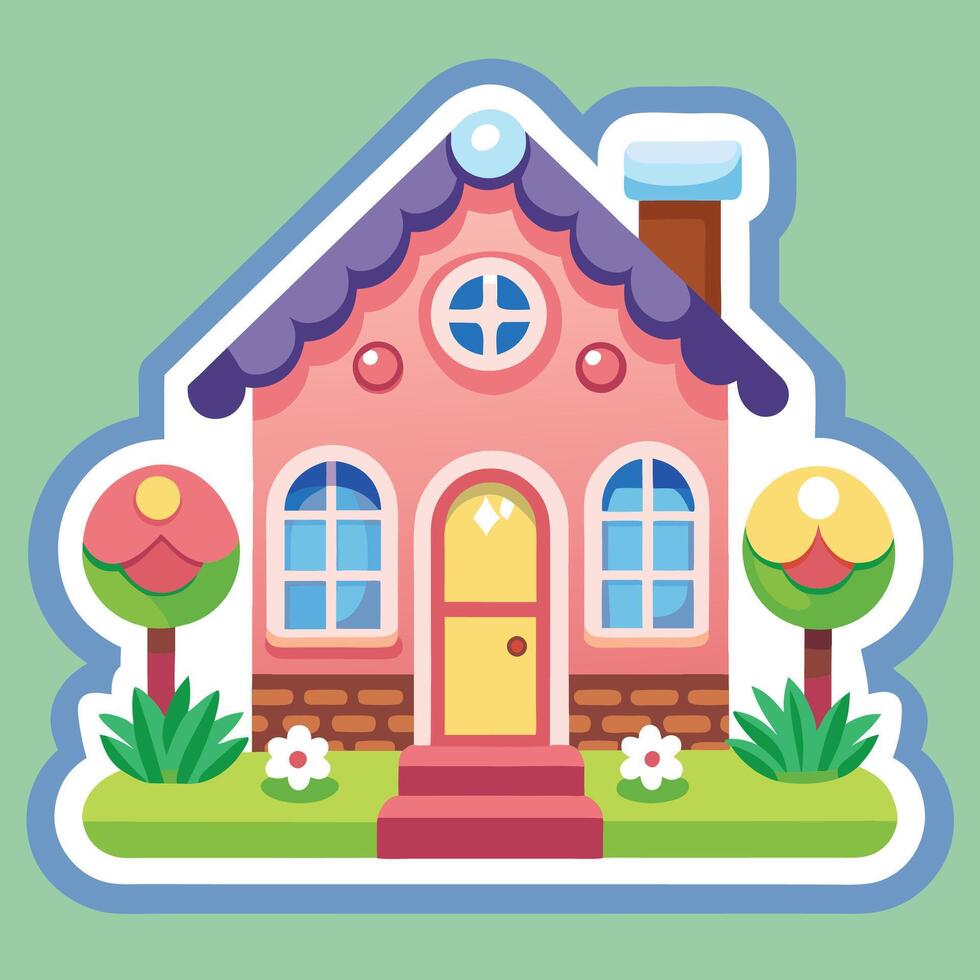 a cartoon house with a pink roof and a tree vector