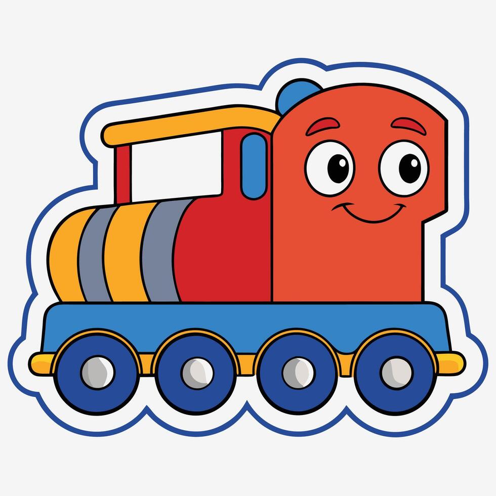 a sticker of a cartoon train with a smiley face vector