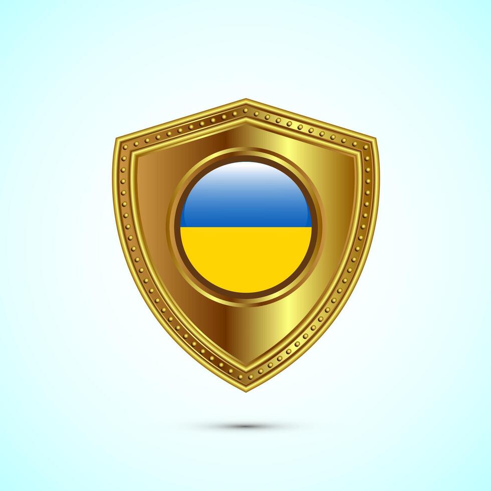Rounded flag of Ukraine with glossy gold shield vector