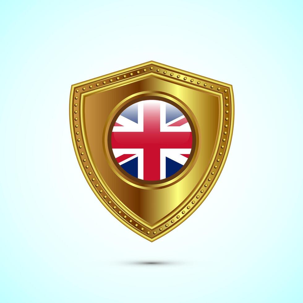 Rounded flag of United Kingdom with glossy gold shield vector