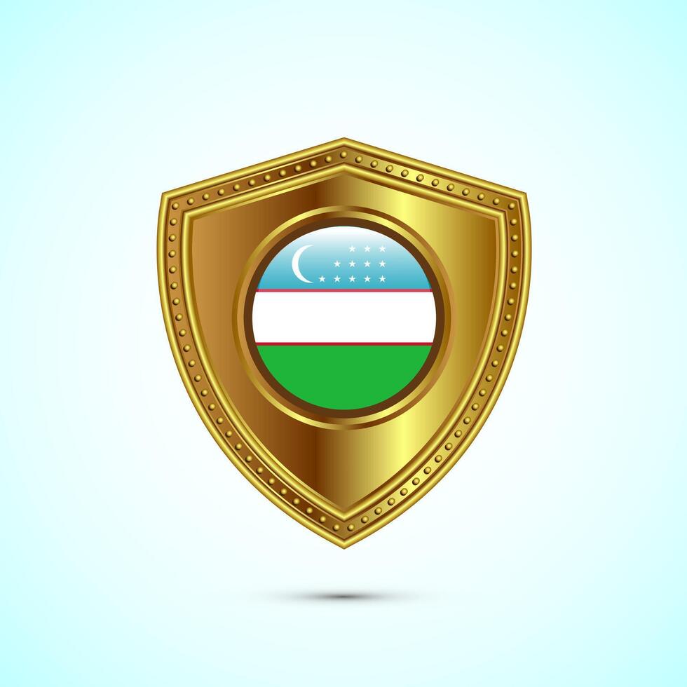 Rounded flag of Uzbekistan with glossy gold shield vector