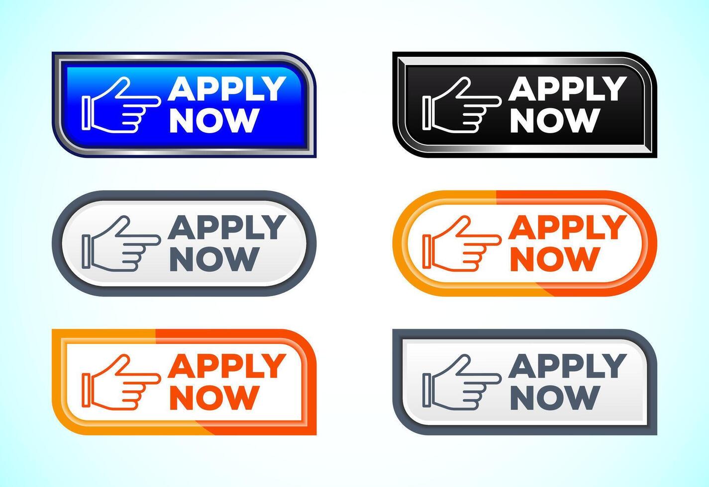Apply now web button set of different shapes and colors. Suitable for mobile app, and website vector